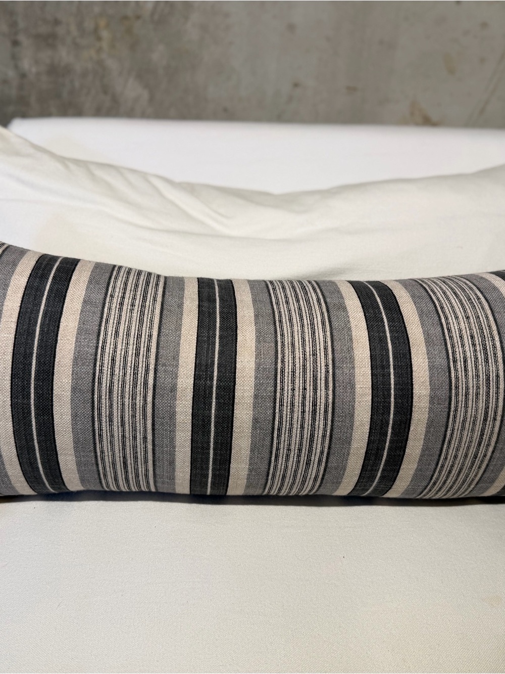 Striped Linen Lumbar Accent Pillow in Black and Cream